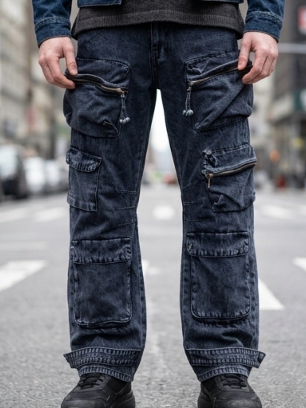 Men’s Zara Black Washed Cargo Utility Trousers Jeans Denim pockets